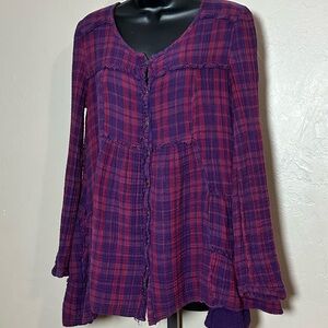 Free People Gauze Texture Purposefully Distressed Plaid Button-Up Women’s